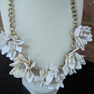 White Acrylic Flower Necklace - 3D Wedding Bride Jewelry, Signed Statement Piece